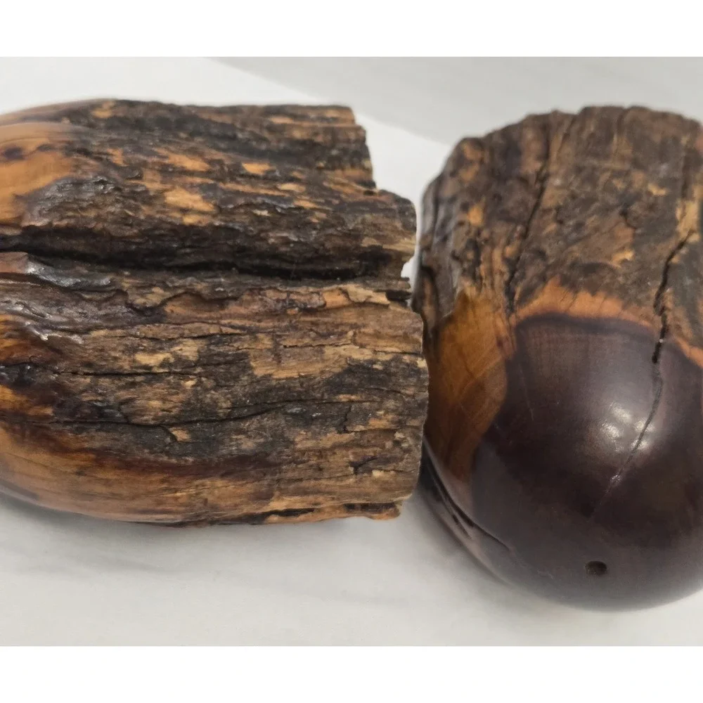 Vtg Handcrafted MCM California Redwood Tree Bark Live-Edge Salt/Pepper Shakers